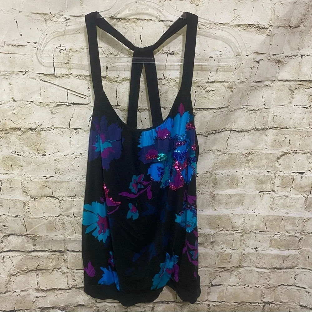 Express Black Blue Sequined Floral Tank Top Y2k 90’s